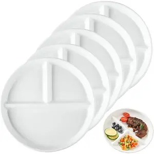 (5 Pack) Portion Control Plate for Balanced Eating, 9" Unbreakable Divided Plates,3 Compartment Plates,  Plastic Plates,  for  Adults (White)