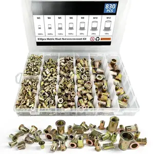 Rivet Nut Tool Kit, 830 count SAE/Metric Rivet Nut Assortment Kit M3, M4, M5, M6, M8, M10, M12, w Galvanized Carbon Steel Flat  Threaded Insert Nuts (Metric - 830 count)