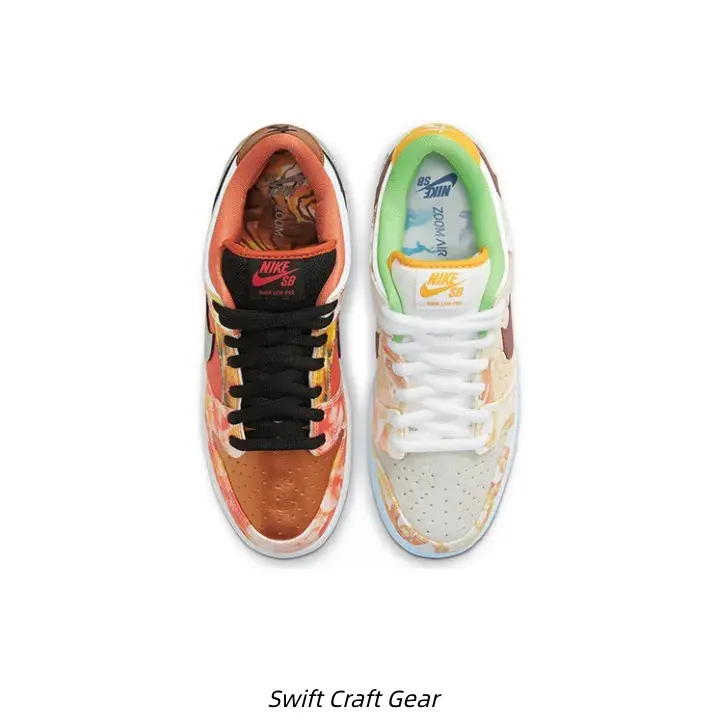 Mismatched Watercolor Food Print Low Top Leather Skate Shoes Dual Tone Inner Lining Light Blue Translucent Outsole Unisex Street Sneakers