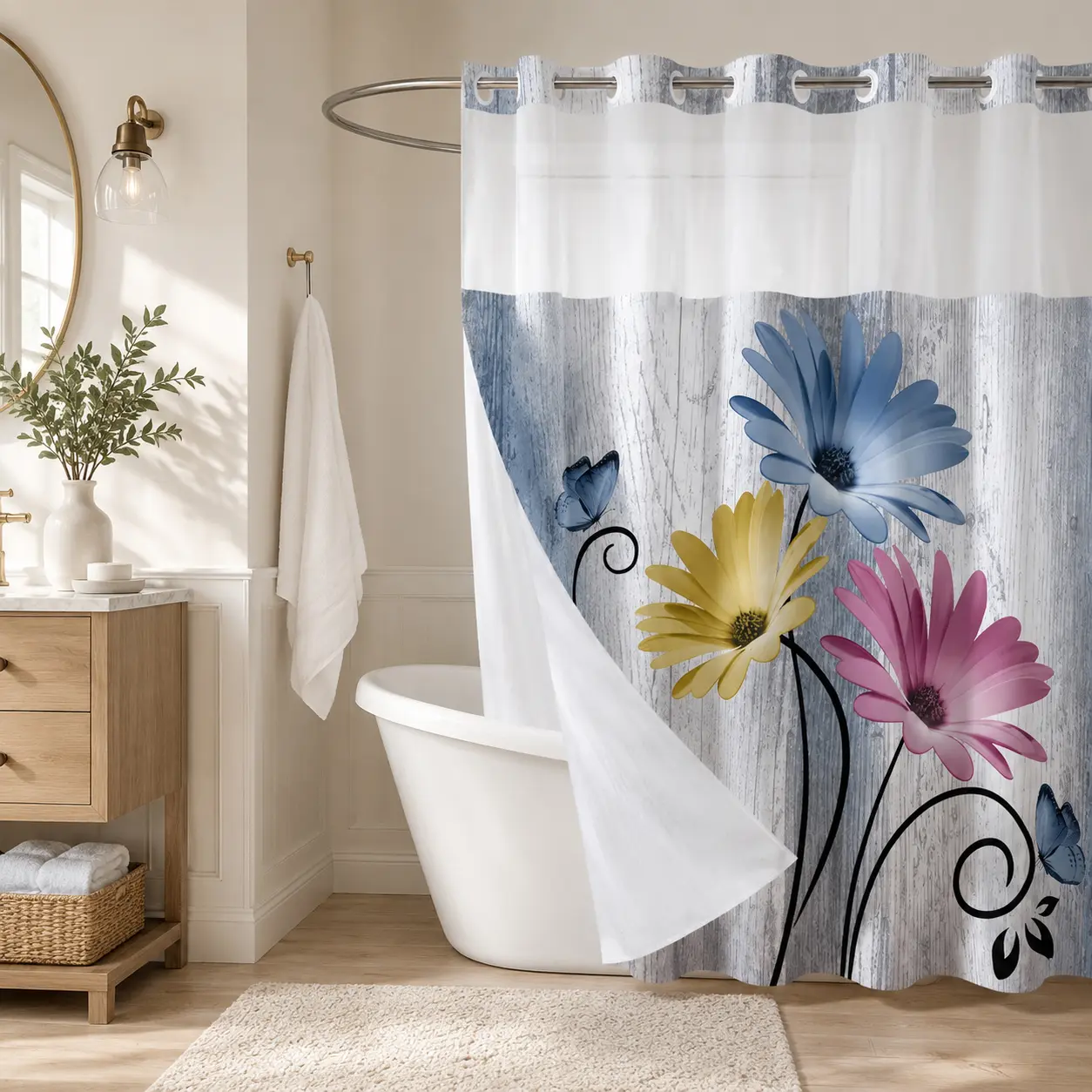No Hook Shower Curtain - Decorative Double-Layer Daisy Print Waterproof Fabric Bath Curtain, 72x75in Farmhouse Home Decor, Easy Installation Hotel/Dorm Bathroom Accessory, Decorative Shower Curtain sohochic