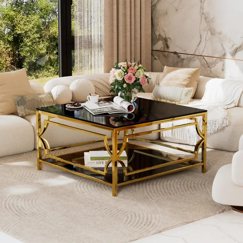 【Bellemave】Square Glass Coffee Table in 33.5",Luxurious Geometric Metal Frame,Gold Finish & Lower Shelf