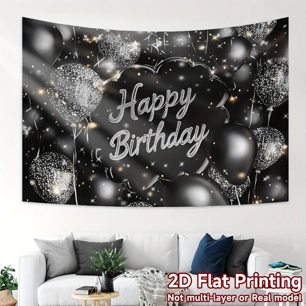 1pc 2D Flat Elegant Black and Silver Happy Birthday Wishing Banner - 100% Polyester Backdrop (cm), Electricity/Battery-Free Party Decoration Supplies for Home, Gardens