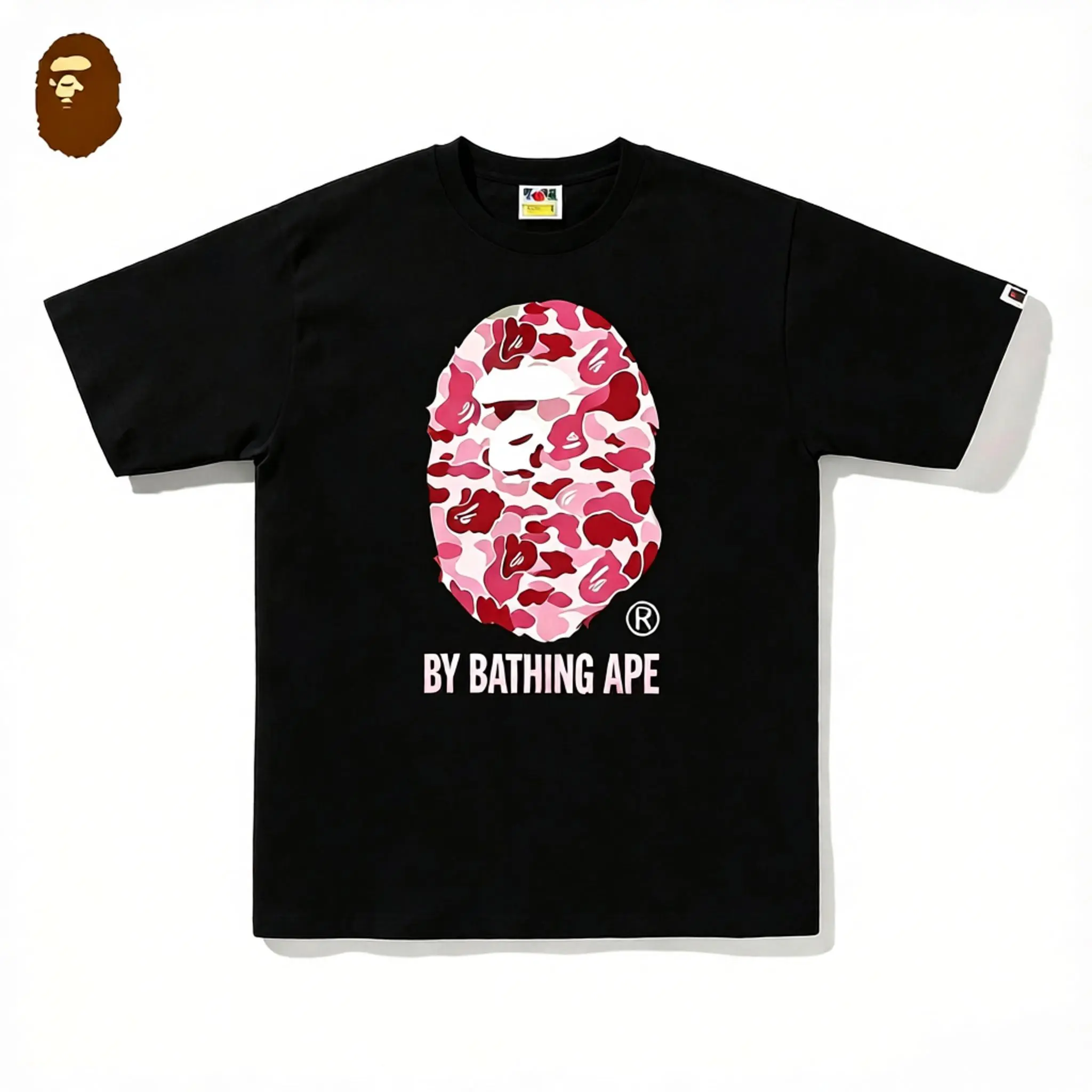 Bathing Ape APE ABC Camo Tee Black/Pink Short Sleeve Crew Neck Casual Summer T-Shirt with Iconic Ape Head Design and Plaid Pattern