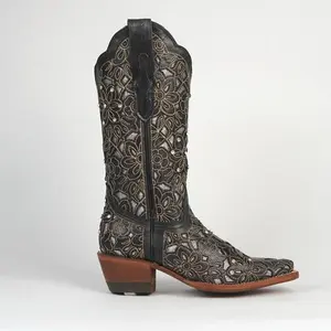 821 JENNIFER WOMEN’S BLACK FLORAL EMBROIDERED WESTERN BOOTS COWGIRL BOOTS WITH METALLIC DETAIL