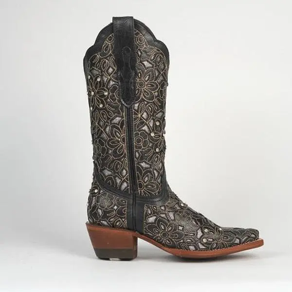 821 JENNIFER WOMEN’S BLACK FLORAL EMBROIDERED WESTERN BOOTS COWGIRL BOOTS WITH METALLIC DETAIL