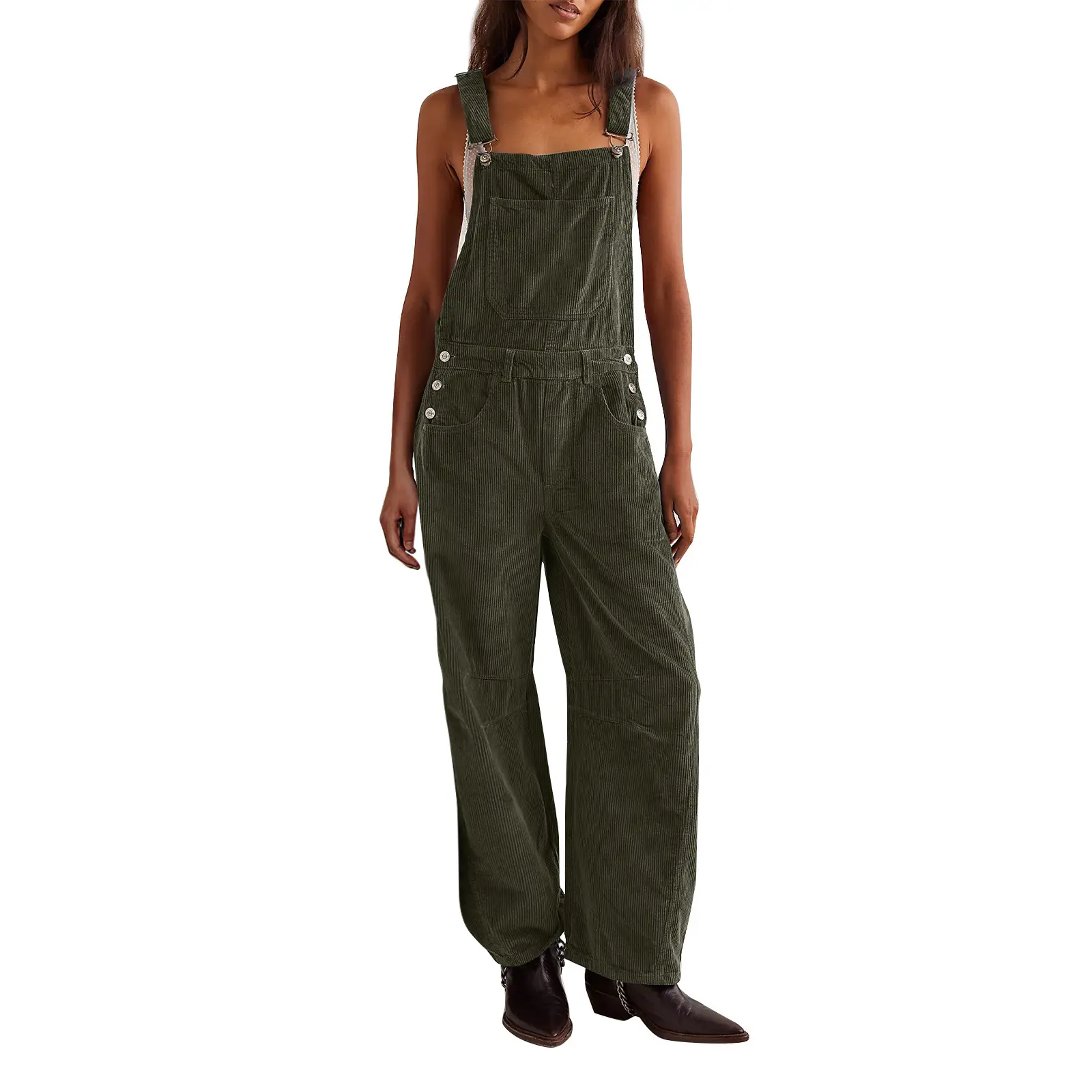 Trendy Corduroy Women's Barrel-Jump Suit: Adjustable Straps, Wide-Leg & Multi-Pocket Casual Staple