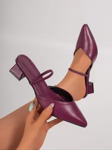 Women's Burgundy Pointed Toe Block Heel Mules - Elastic Strap Slip-On Heels for Work & Evening #blockheels #mulesandals #workshoes #tiktokshoefinds #burgundyshoes