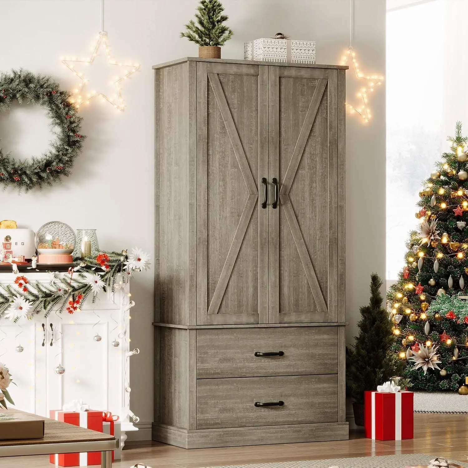 Farmhouse Kitchen Pantry Cabinet Wood Kitchen Cabinet with Drawers Barn Door and Adjustable Shelf Versatile Storage for Living Room Dining Room Bathroom and Office Gray