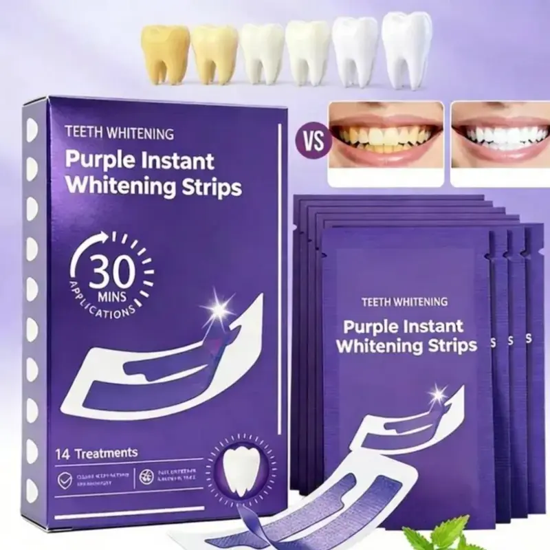 Purple Teeth Whitening Strips, 14/28/32 Pairs – Peroxide-Free & Enamel Safe for Sensitive Teeth, Removes Yellow Stains, Color Correcting for a Brighter Smile, with Peppermint Gentle Gel, Daily Oral Care & Travel Use Oral Correction