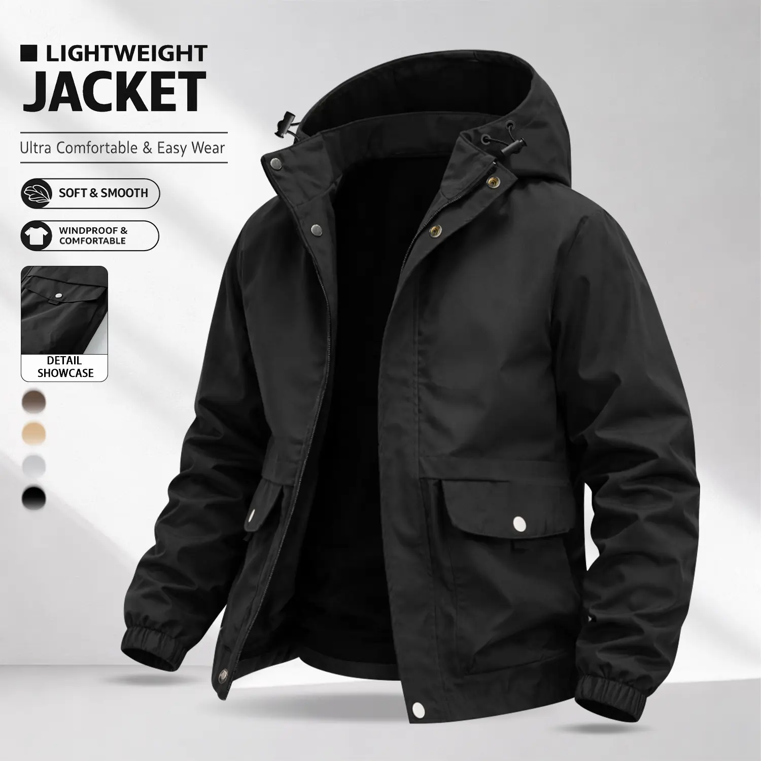 Men’s windproof hooded workwear jacket made from wrinkle-resistant, wear-resistant fabric. Loose fit that doesn’t lose shape easily, featuring snap-on patch pockets. Suitable for everyday outings, casual wear, and commuting—an ideal choice for men.