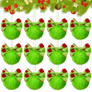 Christmas Clearance Sale Christmas Ornaments 12 Pcs Lime Green Furry Christmas Balls with Bows or Red Heart Cute Green Monster Christmas Decorations Hanging Ornaments for Xmas Tree Holiday Party Home Wall Christmas Decor Christmas White Elephant Gifts