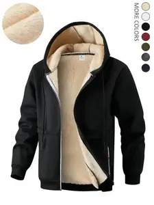 Men's Solid Zip Up Pocket Plush Lined Drawstring Winter Jacket, Men's Designer Clothes, Regular Fit Casual Warm Long Sleeve Outerwear for Fall & Winter, Streetwear, Fall Jackets for Men, Menswear for Daily Wear