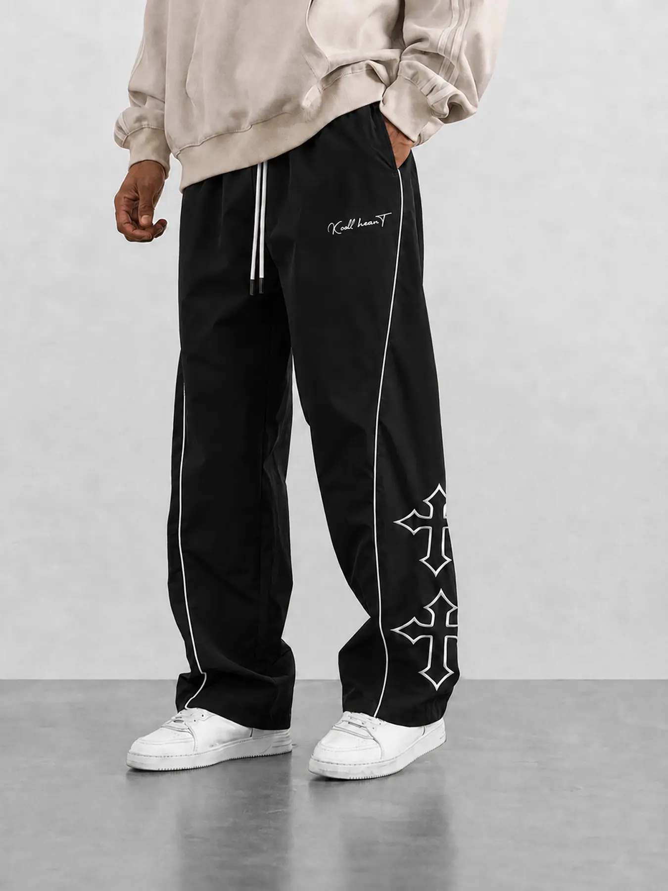 Men's Wide Leg Track Pants with Cross Graphics and Contrast Piping, Relaxed Baggy Streetwear Fit, Adjustable Drawstring Waist and Functional Side Pockets, Y2K Gothic Hip Hop Trousers for Casual Outfits, Daily Wear, Street Hangouts and Weekend Street Looks