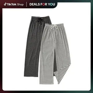 Mother's Day Gift 2-Pack Women's Striped Lounge Pants Ultra-Soft Knit Pajama Bottoms Elastic Waist Drawstring Lightweight Breathable Wide-Leg Nightwear Black & White Stripes Loungewear Pajama pants