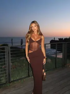 Women's Summer Sexy Mesh Patchwork Asymmetrical Hollow Out Strapless Plain Dress, Perfect for Night Club Vacation Wear