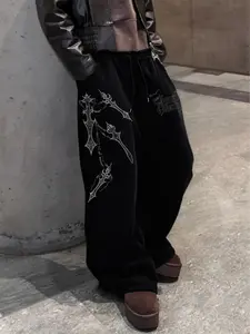 Unisex Gothic Sword & Cross Graphic Print Adjustable Drawstring Wide Leg Casual Sweatpants | Y2K Dark Religious Aesthetic High Street Streetwear