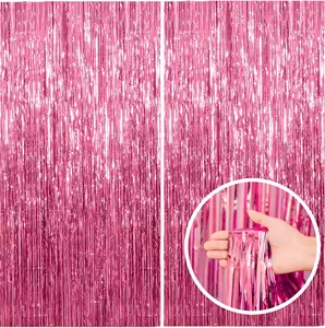 Pink Backdrop Party Decorations - 2 Pack Foil Tinsel Curtain Decorations with Fringe for Bachelorette, Graduation, and Photo Booth Use Banners Ornaments