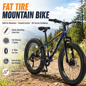 Elon Fat Tire Mountain Bike 24 Inch Adult Youth Shimano 7 Speed Bicycle High Carbon Steel Frame Dual Disc Brake Front Suspension All Terrain Trail Off Road Urban Commuter City Bike Outdoor Sport Ride On Exercise