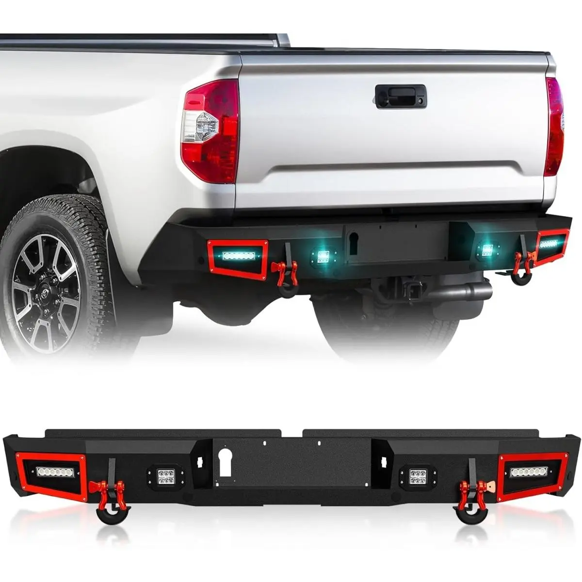 Yzona High-Strength Steel Rear Bumper with Paintable Armor, Skid Plate, 4 Powerful 18W LED Spotlights, Bolt-On Detachable Decor, Effortless Installation, Car Exterior Car Accessories, Compatible with 2014-2021 Toyota Tundra, Sensor‑Ready Holes