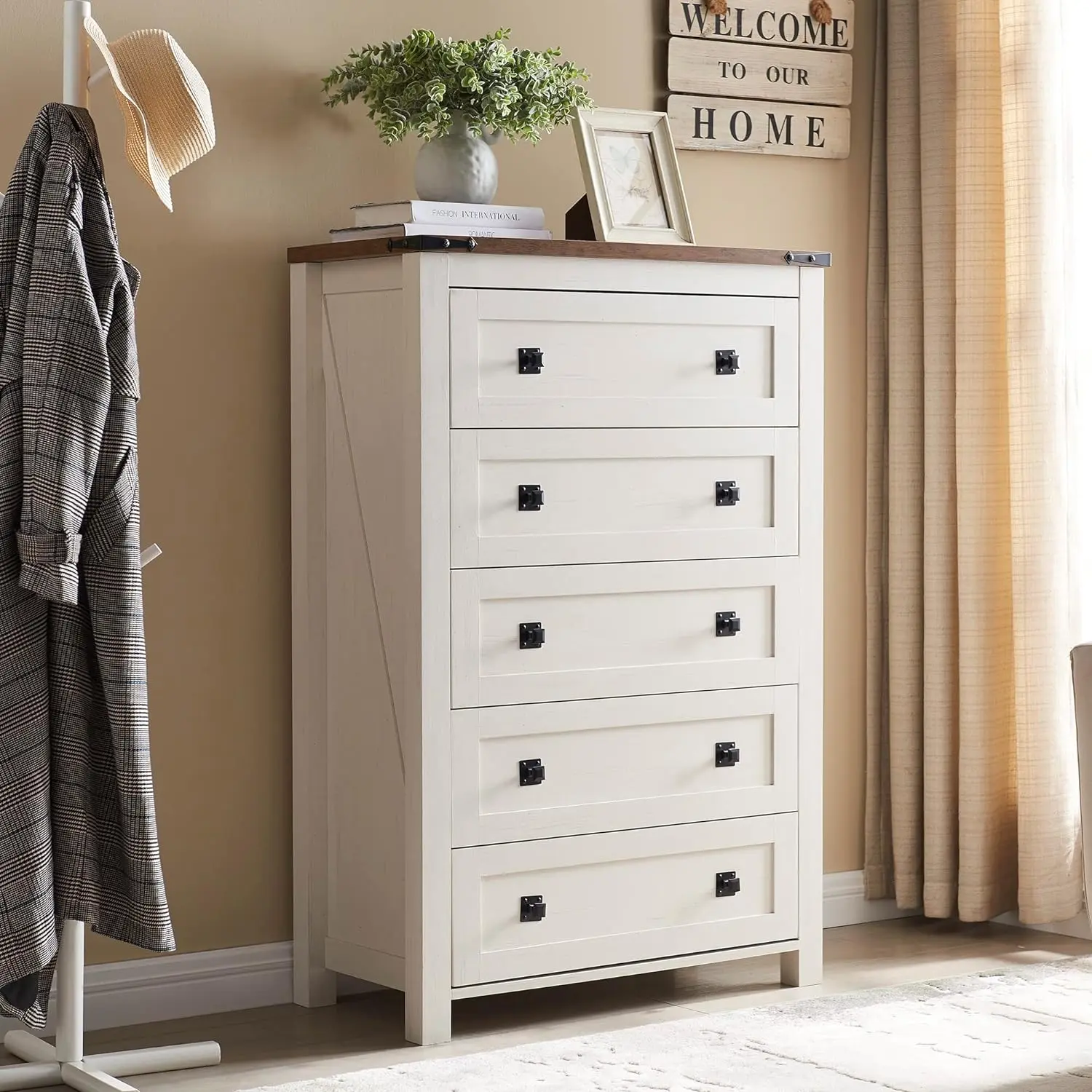 T4TREAM Farmhouse 5 Drawers Dresser Chests for Bedroom, Wood Rustic Tall Chest of Drawers, Dressers Organizer for Bedroom, Living Room, Hallway