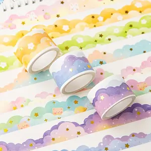 Cloud & Star Pattern Washi Tape, 1 Roll Bronzing Cloud Wave Series Tape Sticker, DIY Decorative Tape for Student Diary Scrapbooking, Adhesive Tape, Decorative Stickers