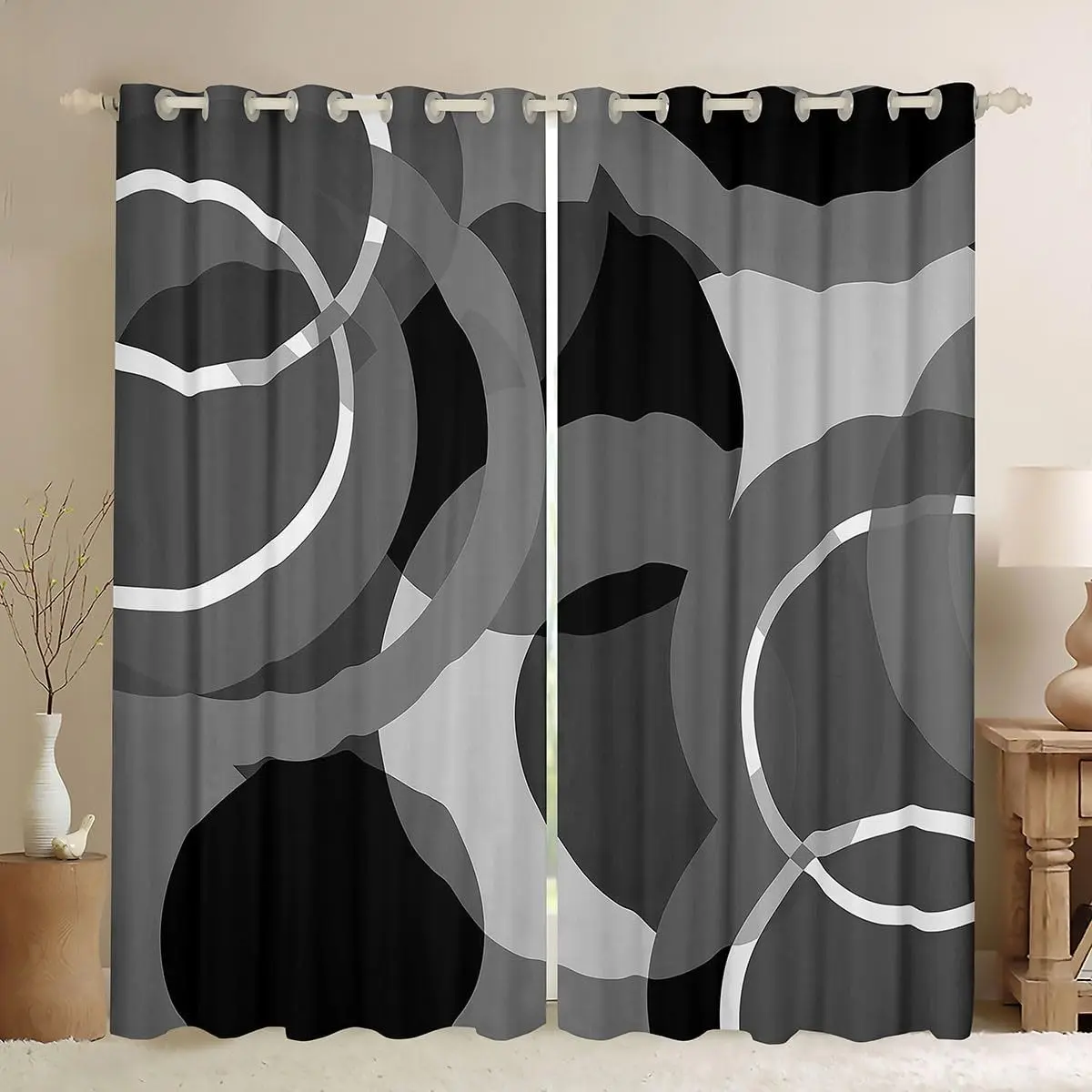 Feelyou 2-Panel Home Decoration Curtain Set, Gray Black Swirl Geometric Modern Striped Grommet Drapes, 30%-50% Darkening Blackout, 42x63 Inch Privacy Grommet Room Decor Curtains, Privacy Grommet Curtains