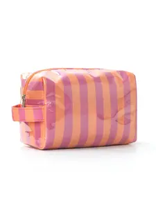 Orange & Purple Stripe Glossy Makeup Bag, Waterproof PVC Cosmetic Pouch with Portable Handle, Versatile Travel Toiletry Bag for Women & Girls, Cute Aesthetic Storage Bag, Makeup Organizer Pouch, Cosmetics Organizer