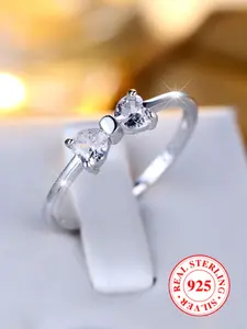 S925 Sterling Silver Cute Bow Design Artificial Zircon Decor Ring, Fashion Jewelry Accessories for Women & Girls, Trendy Exquisite Jewelry for Birthday Gift, Dainty Ring, Beautiful Rings