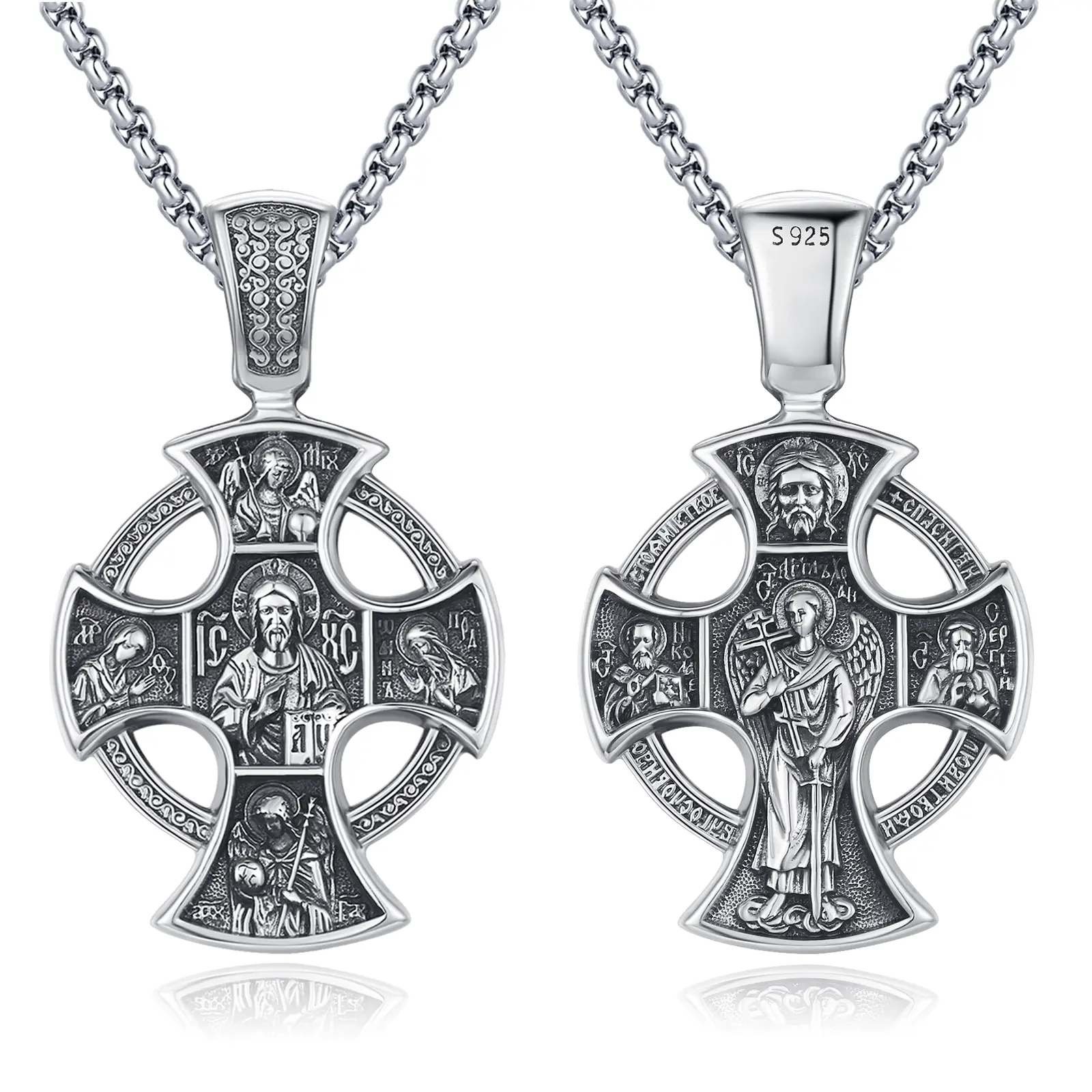 Saint Four Way Cross Necklace 925 Sterling Silver Pendant, Orthodox Christian Pendant Necklace Religious Jewelry, Archangel Figure Byzantine Style Cross, Protection Cross Amulet Gift