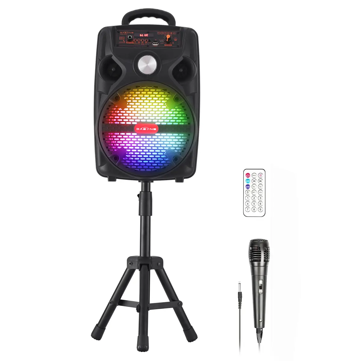 Portable Bluetooth Party Speaker - 8" Subwoofer Loud Audio, Deep Bass Wireless Boombox with Colorful Lights, Microphone, Remote, Guitar Compatibility, Karaoke Function, Smartphone Connectivity, Included Cable
