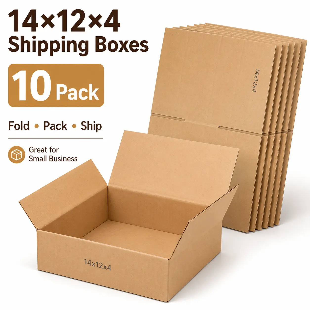 10 Pack 14x12x4 Inch Kraft Corrugated Shipping Boxes, Office Postal Supplies for Books, Clothing Storage, Home Office & Warehouse Packing, Small Business Mailing Needs