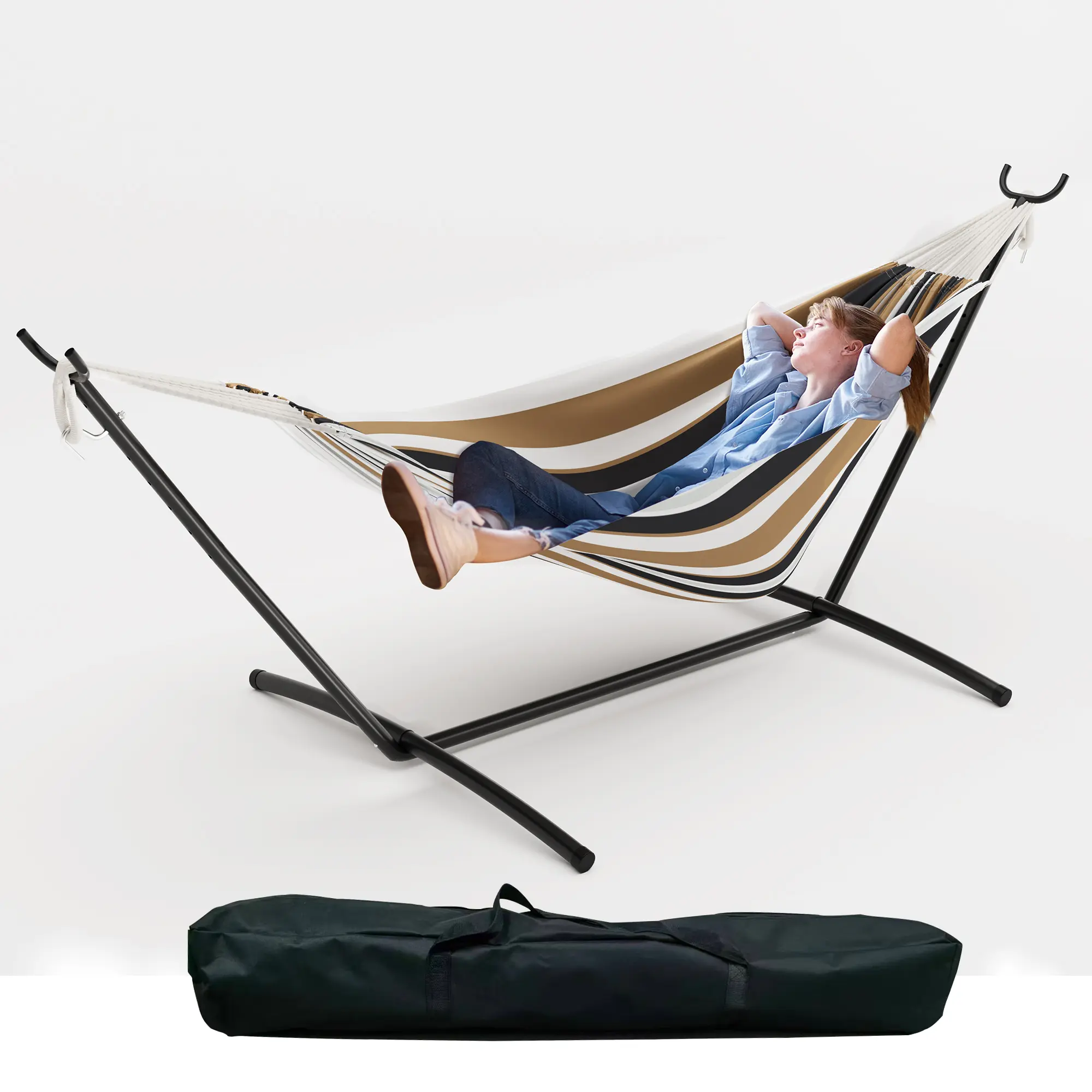 Cotton Hammock for Couples & Families - Adjustable Steel Stand, 450 lbs Capacity Thick Breathable Cotton Rope Bed, Tool-Complimentary, Portable Space-Saving, Transport-Ready, Balcony Indoor Outdoor Use, Includes Carry Bag, Brazilian-Style