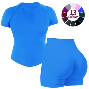 JGS1996 Women’s 2-Piece Impact Seamless Workout Set – Short Sleeve T-Shirt Tank Top & High Waisted Butt Lifting Booty Sports Shorts Breathable Activewear for Yoga Gym Running Summer Athleisure Wear Set Athletic Wear
