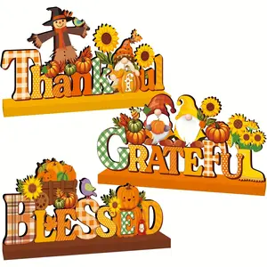3-Piece Fall Home Wooden Table Decor Centerpieces, Gratitude Thanksgiving Theme, Pumpkin Sunflower Style, Perfect for Dining Tables