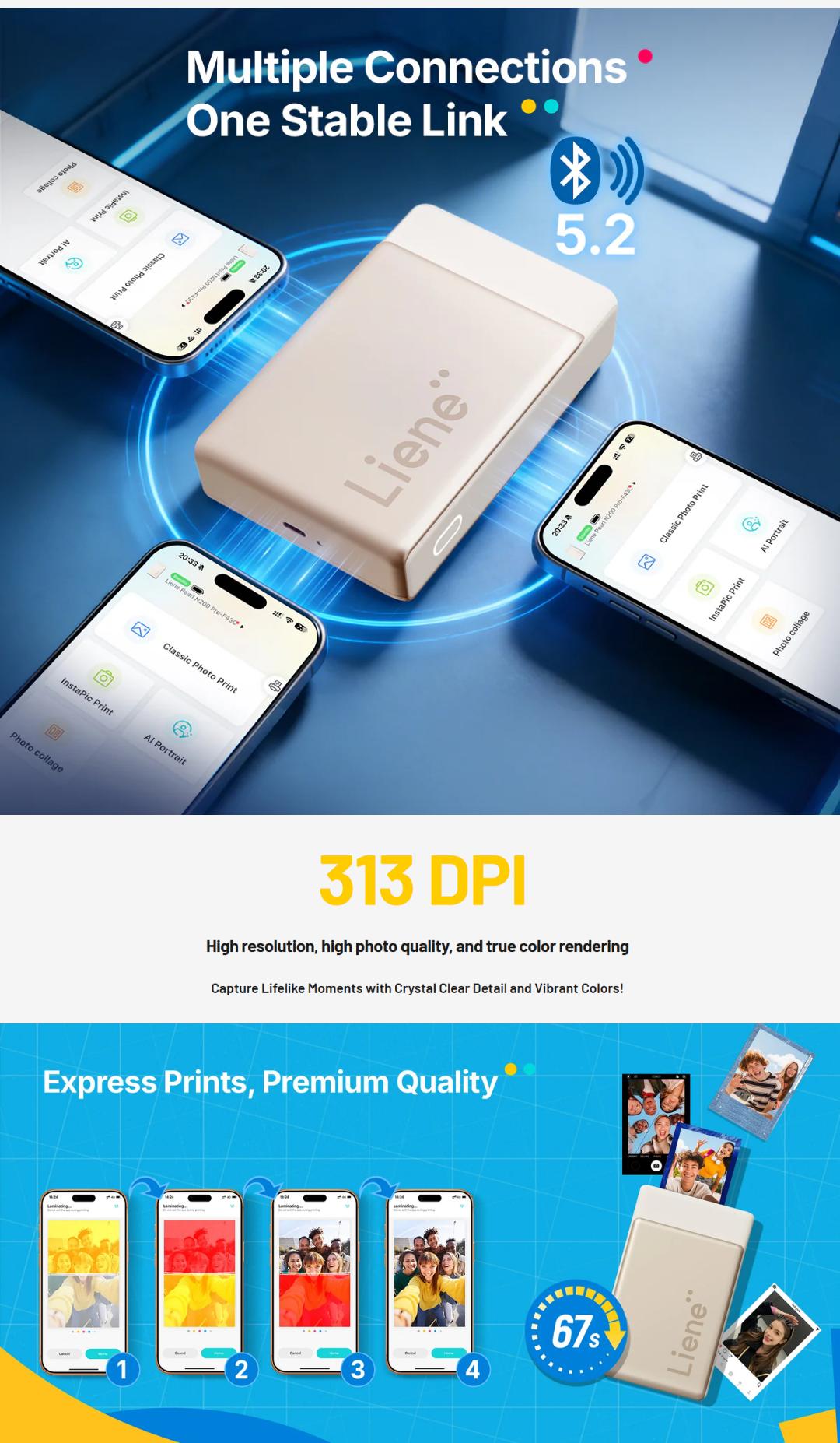Liene Pearl N200 Pro Portable Photo Printer, Instant Mini Picture Printer for iPhone Smartphone, Thermal Dye Sublimation, Bluetooth Sticker Printer 50 Sheets 2x3 Adhesive Paper & 5 Cartridges, New Drops