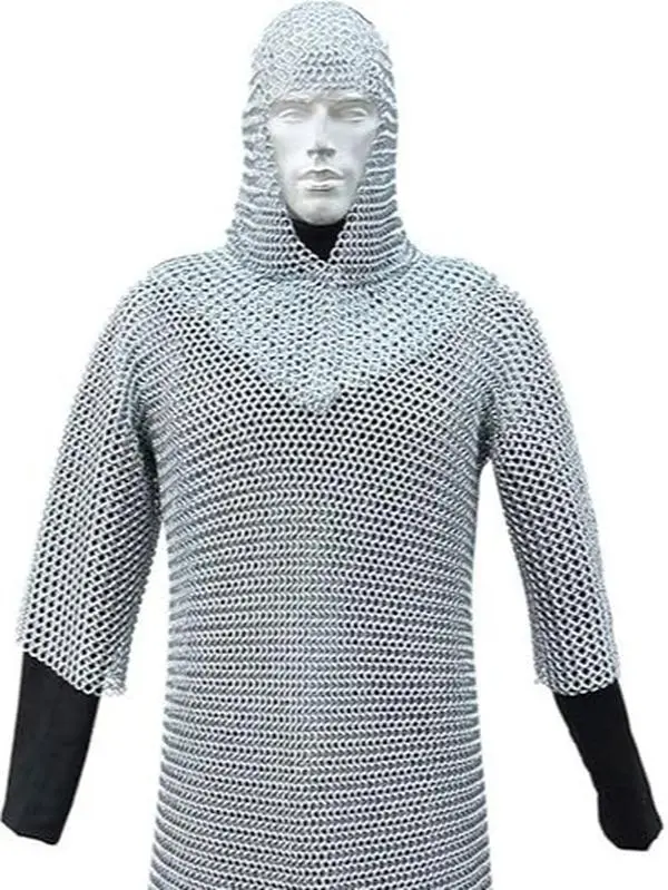 Medieval Warrior Chainmail Armor Set, Men's Long Sleeve Butted Aluminum Haubergeon and Coif for Renaissance Fancy Costume, Clothes, School, Top, Menswear