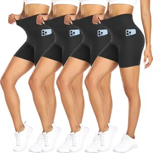 FULLSOFT 4 Pack Biker Shorts for Women with Pockets – 5" High Waisted Tummy Control Workout Yoga Running Gym Tennis Shorts