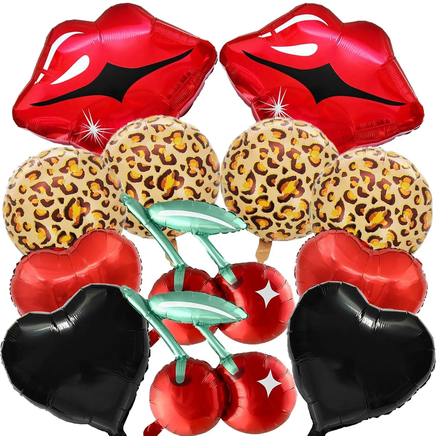 12 Pcs Black Red Heart Foil Balloons Red Lips Cherry Cheetah Print Balloons For Bachelorette Party Decorations, Women'S Birthday, Kiss The Miss Goodbye Womens Night Cheetah Print Birthday Party Decor