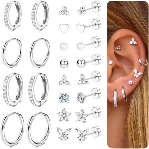 12 Pairs Flat Back Earrings Set for Women Men, Hypoallergenic Steel, Hoop Studs, Casual Style, All Seasons Jewelry