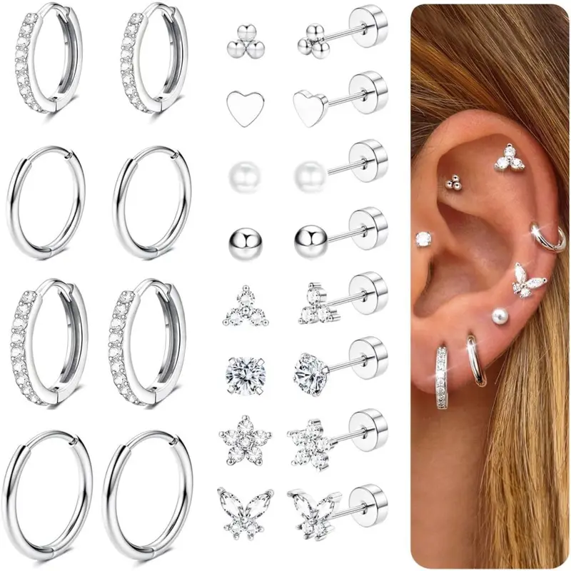 12 Pairs Flat Back Earrings Set for Women Men, Hypoallergenic Steel, Hoop Studs, Casual Style, All Seasons Jewelry