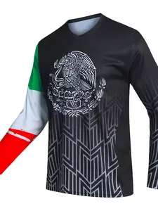 Mexican Style Men's Long Sleeve Off-Road T-Shirt, Mountain Bike Riding Shirt, Downhill and Motorcycle Racing V-Neck Quick-Dry Short Sleeves
