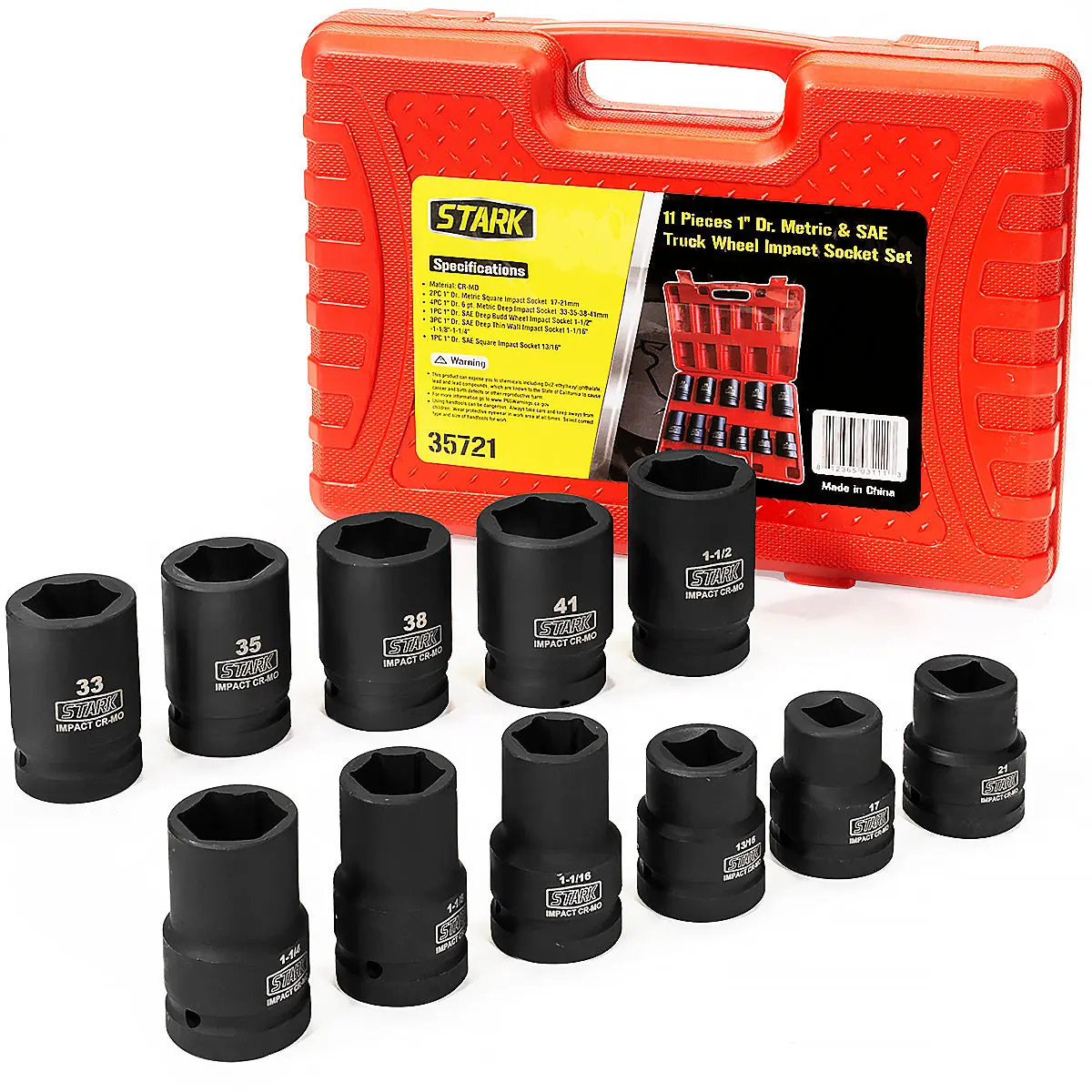 Stark 11-Piece 1-Inch Drive Deep Socket Wrench Set - Cr-Mo (Chromium-Molybdenum) Steel Impact Sockets, SAE & Metric Industrial Tools for Heavy Equipment, Truck Repair (Portable Hand Tool Kit)