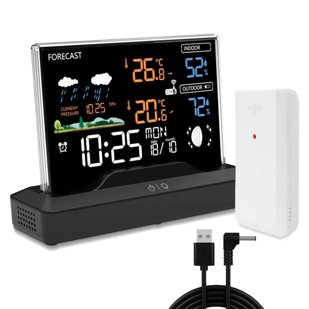 Wireless Weather Station Indoor Outdoor Thermometer, Color Display Digital Weather Forecast Station with Barometer, Smart Temperature Monitoring Barometric Pressure Monitor for Home Office Desktop