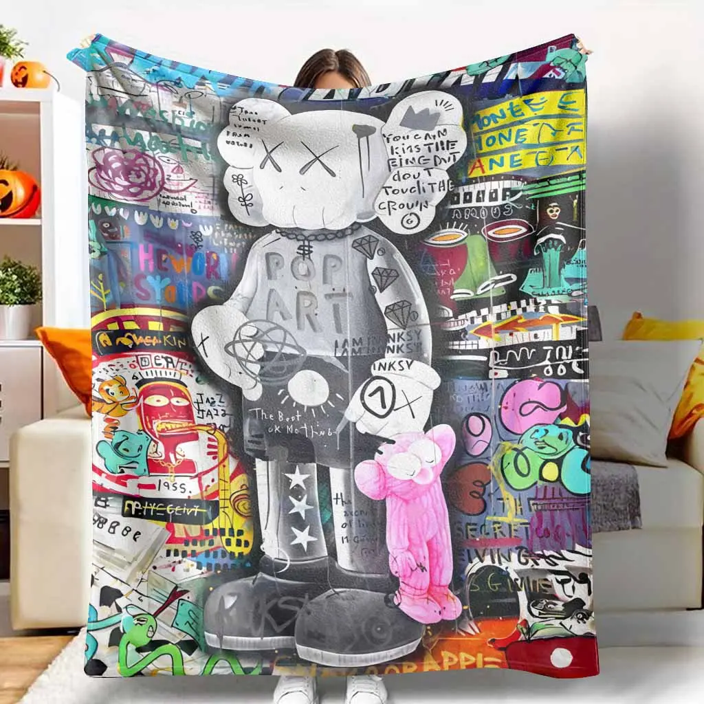 Graffiti Art Flannel Blanket with KAWS Inspired Pop Art Print, Ultra-Soft Warm Lightweight for Home Decor, Living Room, Bedroom, Travel, Unique Gift for Art Lovers, Collectors, Adding Modern Stylish Urban Aesthetic to Your Space. tiktokshopspringglowup