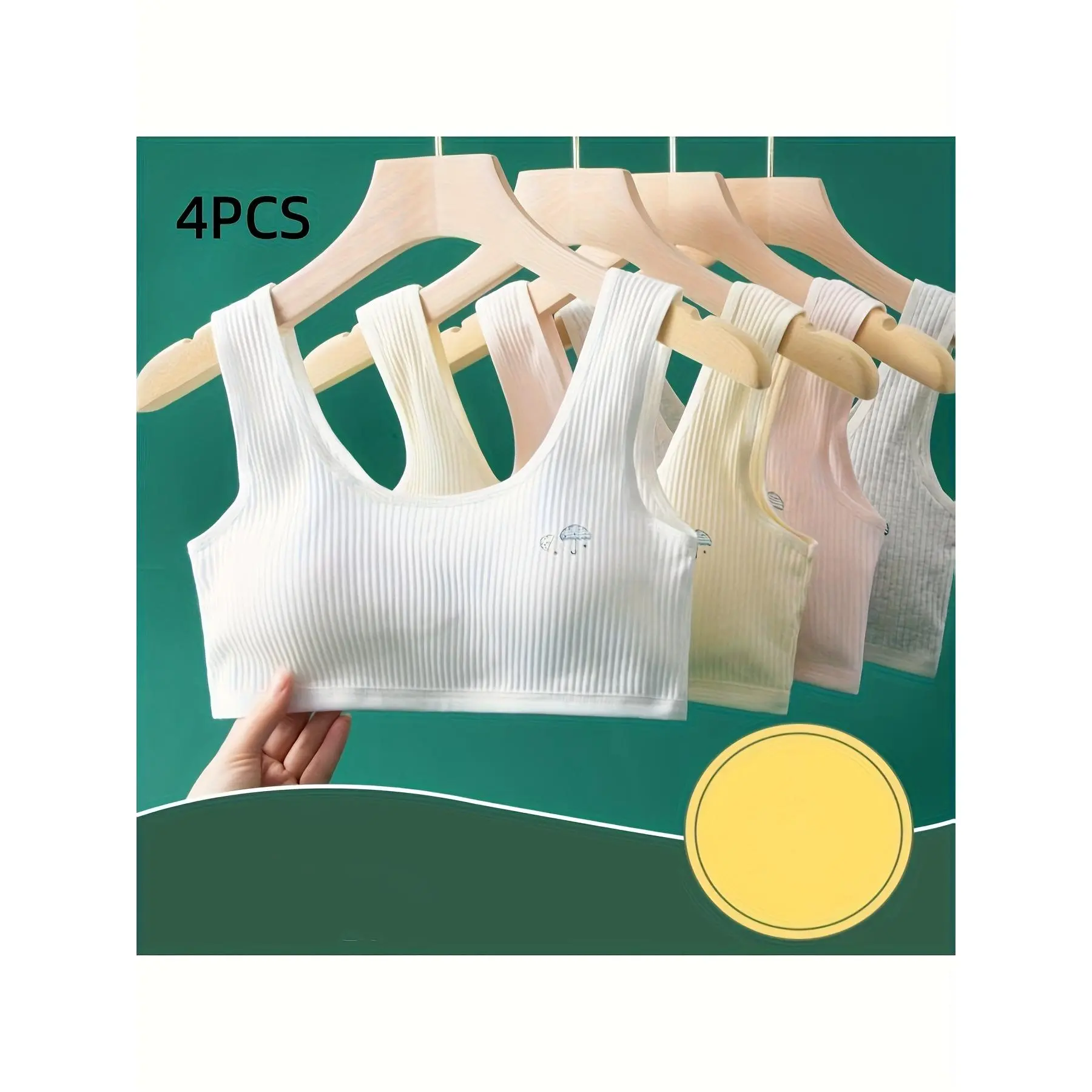 Girls' 4-Piece Thin-Padded Wireless Developmental Training Bras - Tank-Style, Breathable Fit, Anti-Exposure, for School Wear, Sports Use, Mixed Colors, Ages 10-15