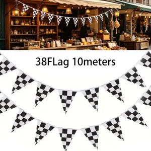 Two sets of 10-meter-long black and white checkered triangular flag banners (a set includes 38 triangular flags), party decoration banners, perfect race car theme party decorations for birthdays, Christmas, Halloween and Thanksgiving