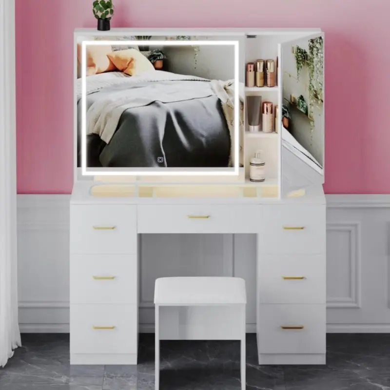 Modern White Vanity Set with Extra-Large LED-Lighted Mirror and 7 Storage Drawers