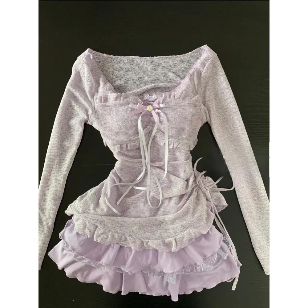 Spring Vintage Elegant Y2K Sexy Sweet 2 Piece Sets Women Solid Boe Design Tops +High Waist Ruffle Chic Skirt Female Korea Style
