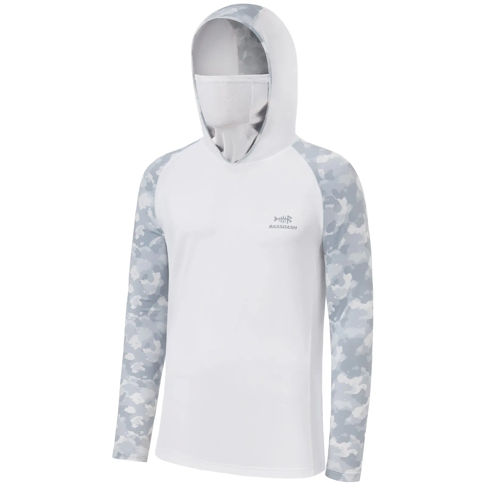 BASSDASH Men's UPF 50+ Camo Hoodie Shirt with Mask Long Sleeve Sun Protection Neck Gaiter Hooded Tee for Fishing Hiking