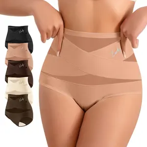 【Pluz Size】Morelect 5 Pcs High Waisted Underwear for Women Tummy Control, Lightweight Panties with Lucky Charm, Breathable Mesh Panel Briefs, Comfy Invisible All Day Undies